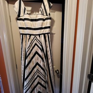 Adrianna Papell gold, black, and beige dress. Satin stripes and pockets!